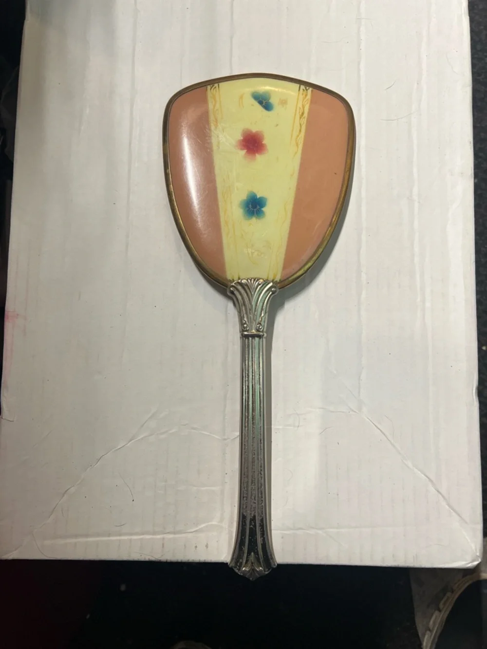 Vintage Floral Hand Mirror in Peach, Yellow and Blue